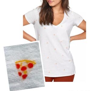PINK Victoria's Secret White Cotton V-neck T-shirt‎ w/ Pizza Print & Dog L E